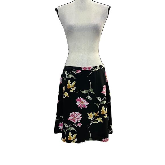 VTG 90s Petite Sophisticate Black & Pink Whimsical Floral Silk Midi Skirt 10/M - Picture 3 of 7